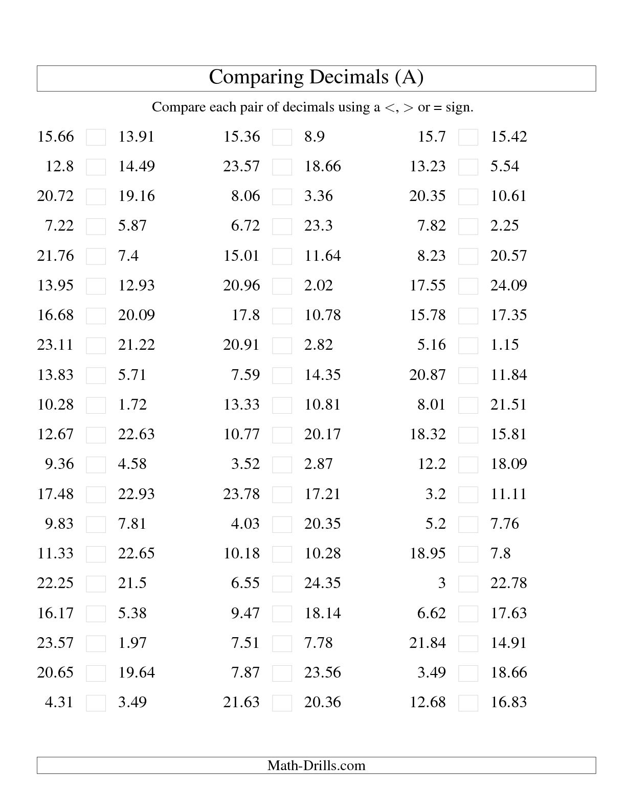 Comparing Decimal Numbers Worksheets