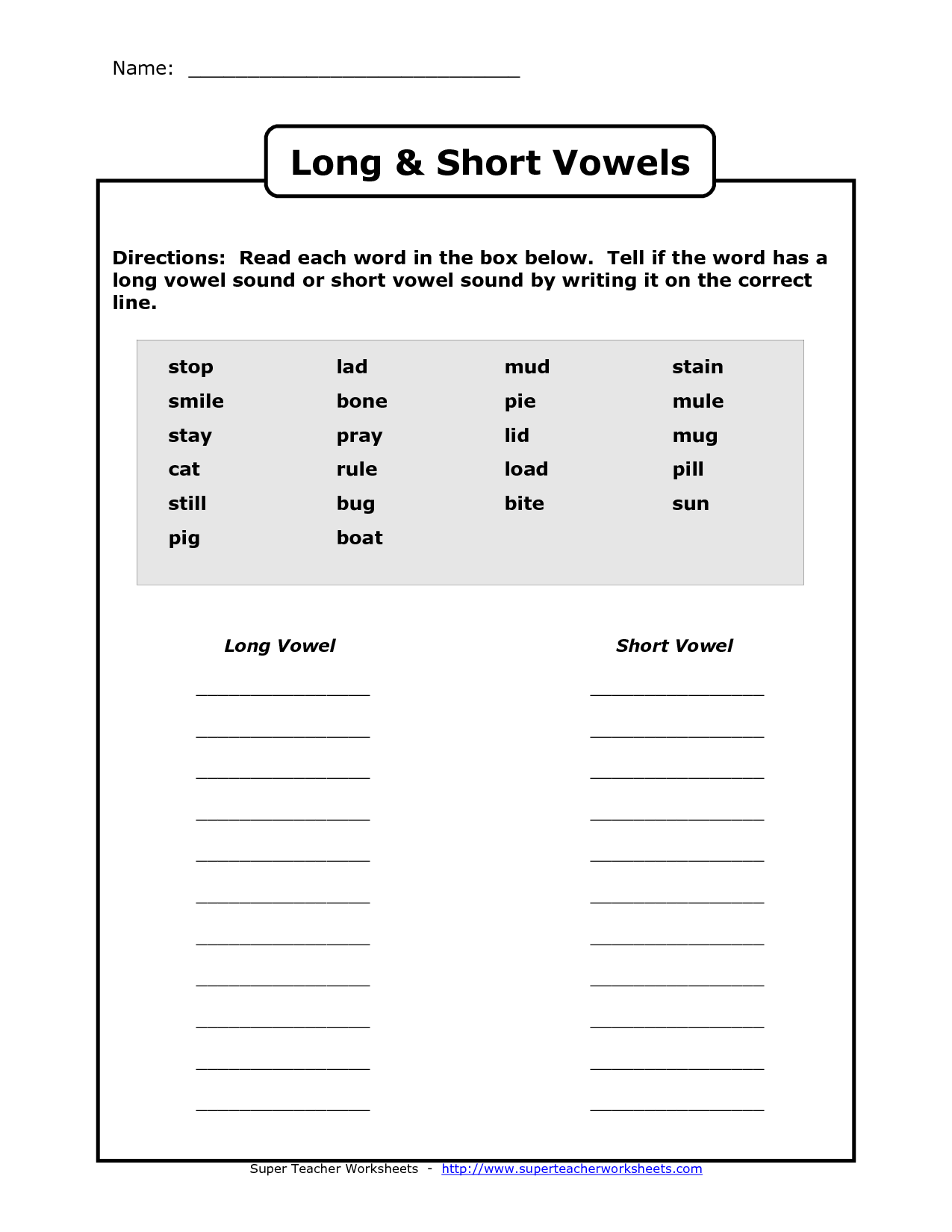 Long and Short Vowel Sounds Worksheet