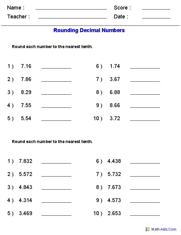 Rounding Decimal Numbers Worksheets 5th Grade