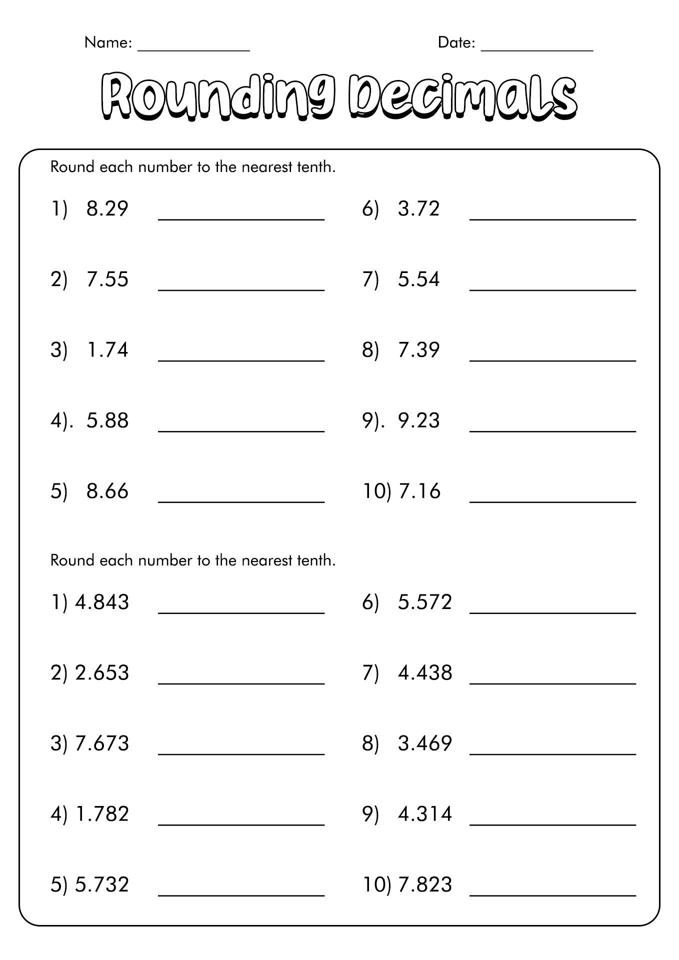 Rounding Decimals Using Benchmark Numbers Worksheet