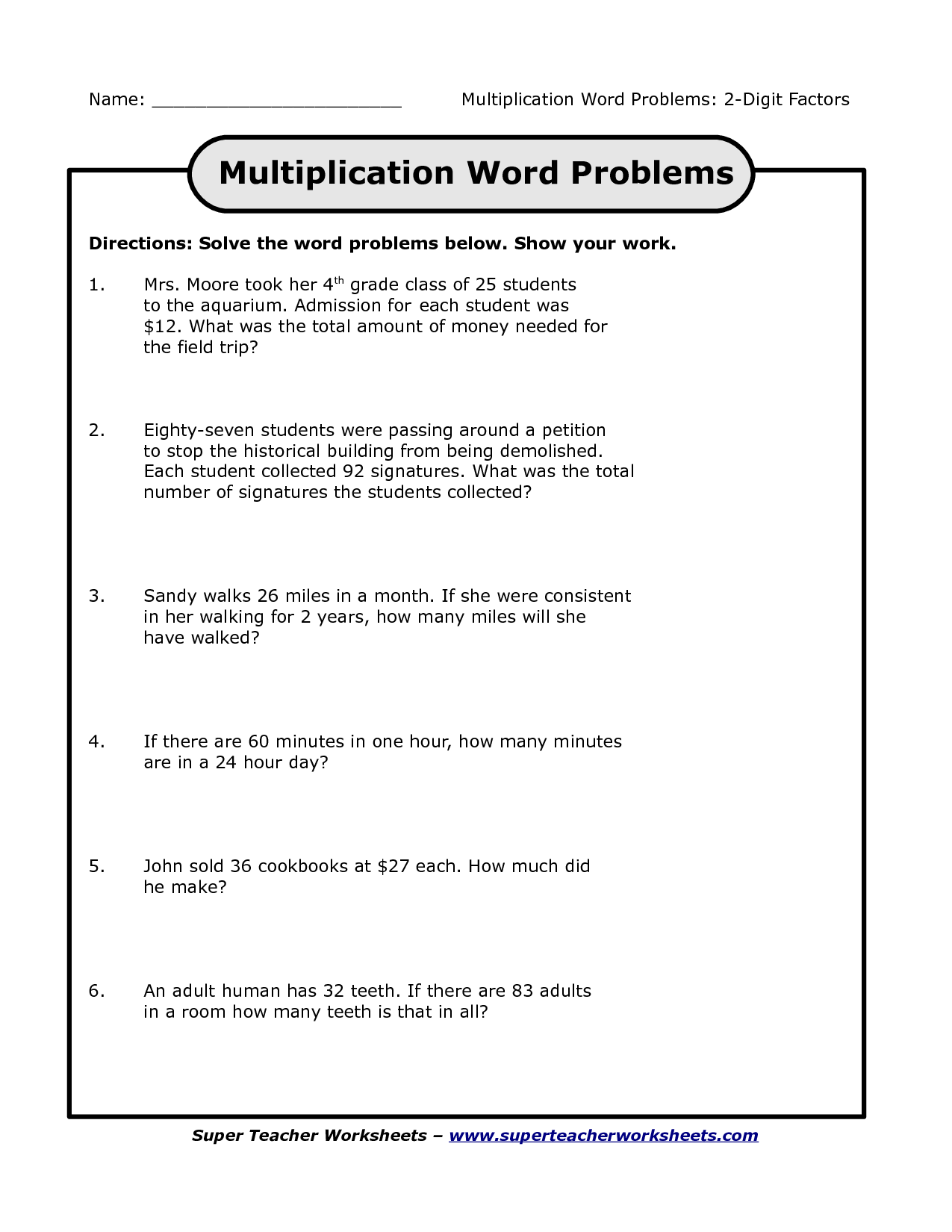 Solving Word Problems Worksheets 4th Grade Using Larger Numbers