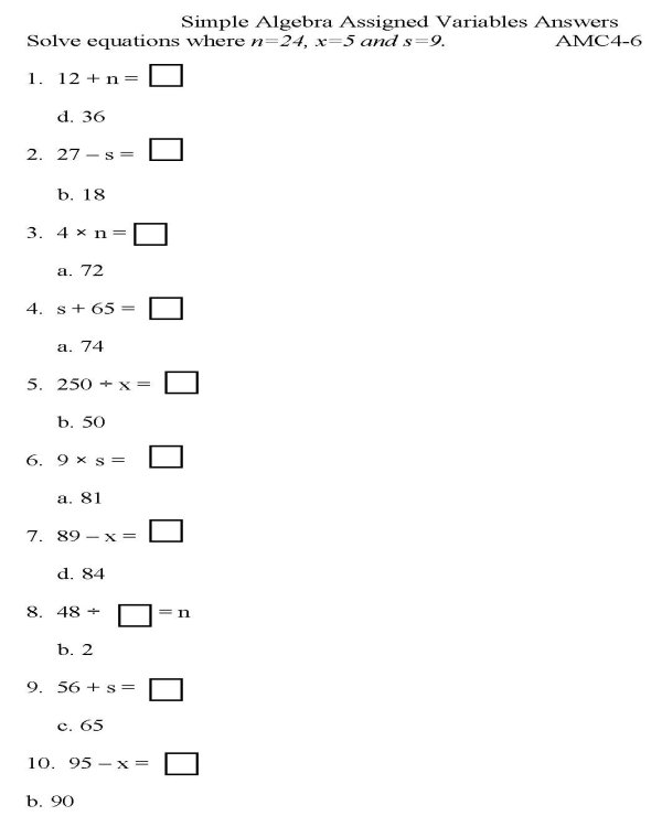 Algebra Math Worksheets Printable