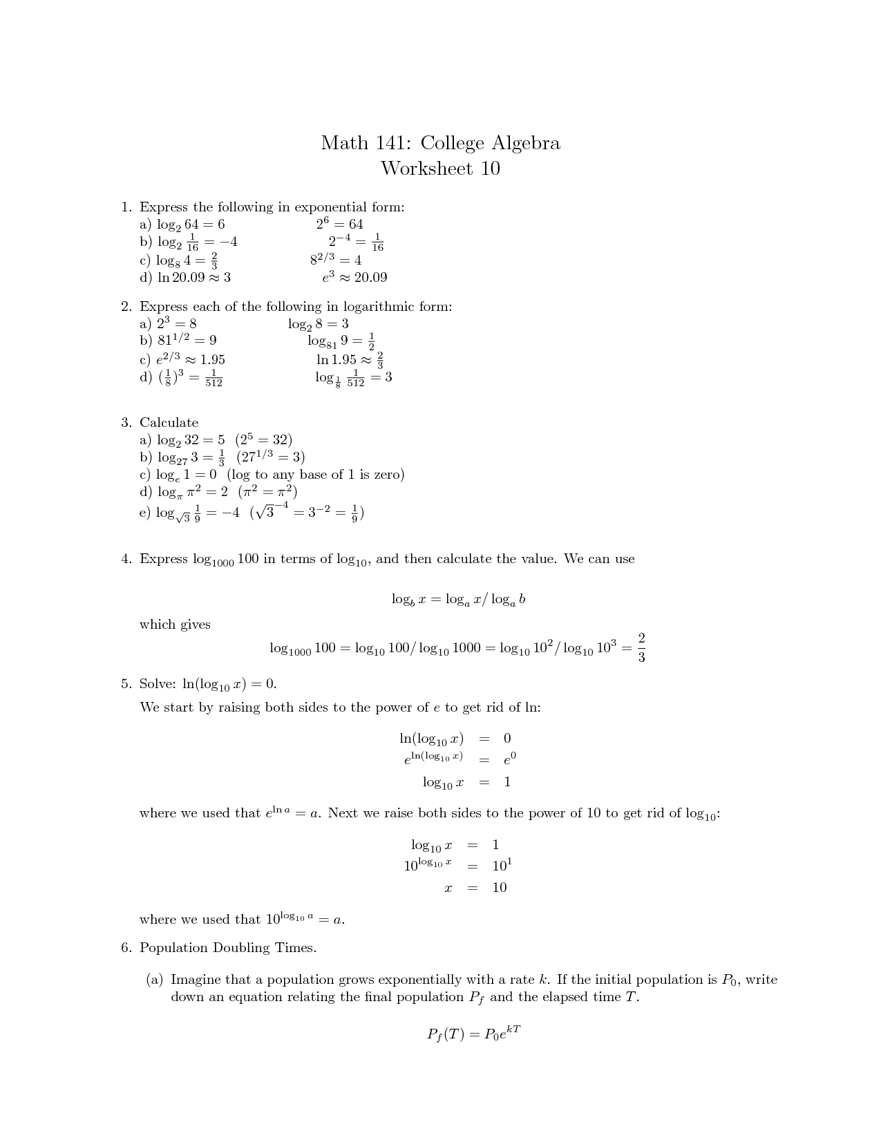 College Algebra Math Worksheets