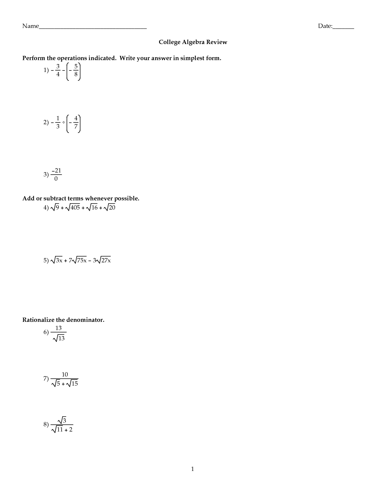 College Algebra Worksheets Printable