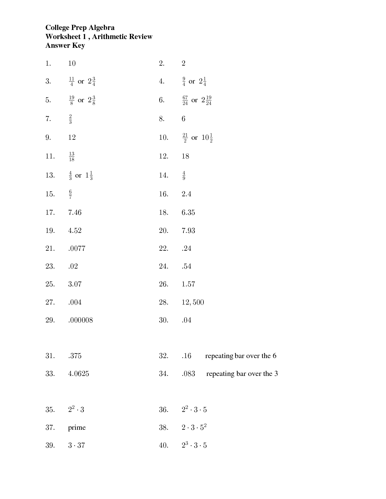 College Algebra Worksheets with Answers