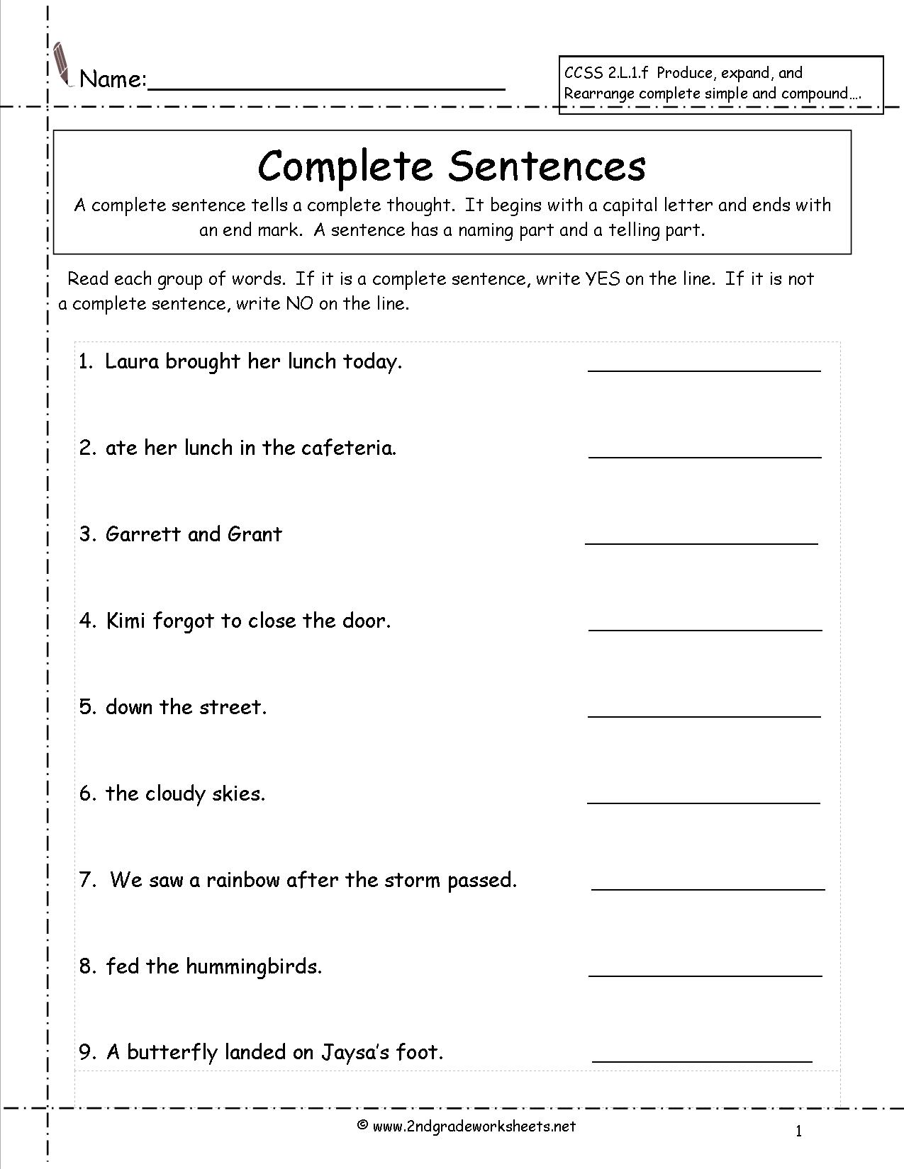15 Best Images of First Grade Writing Complete Sentences Worksheet