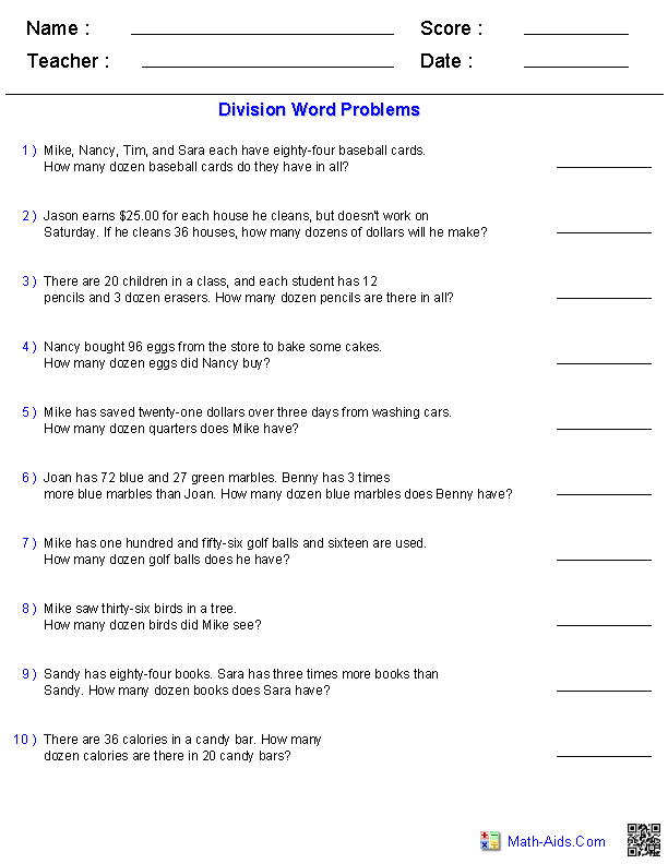 Division Word Problems Worksheets