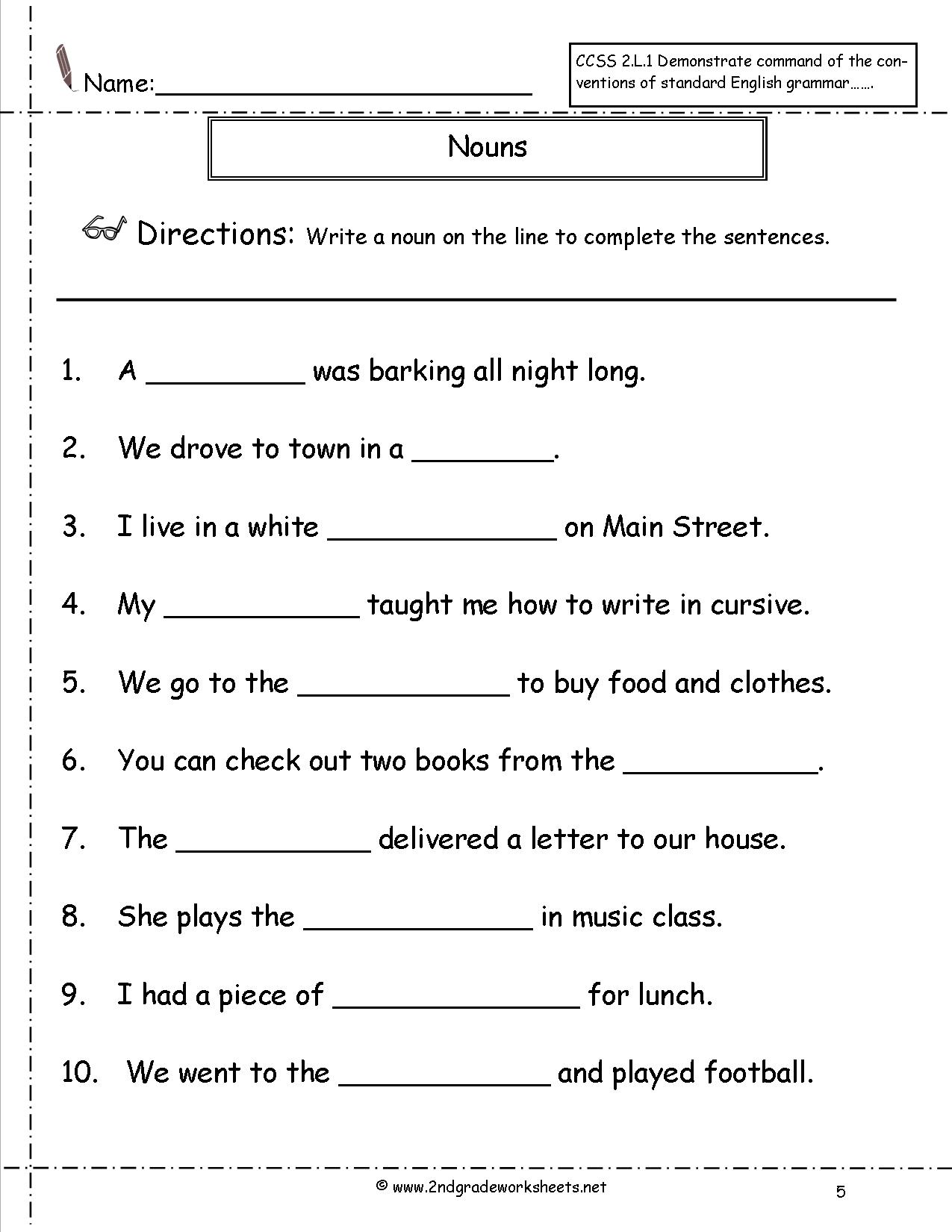 Nouns Second Grade Worksheets