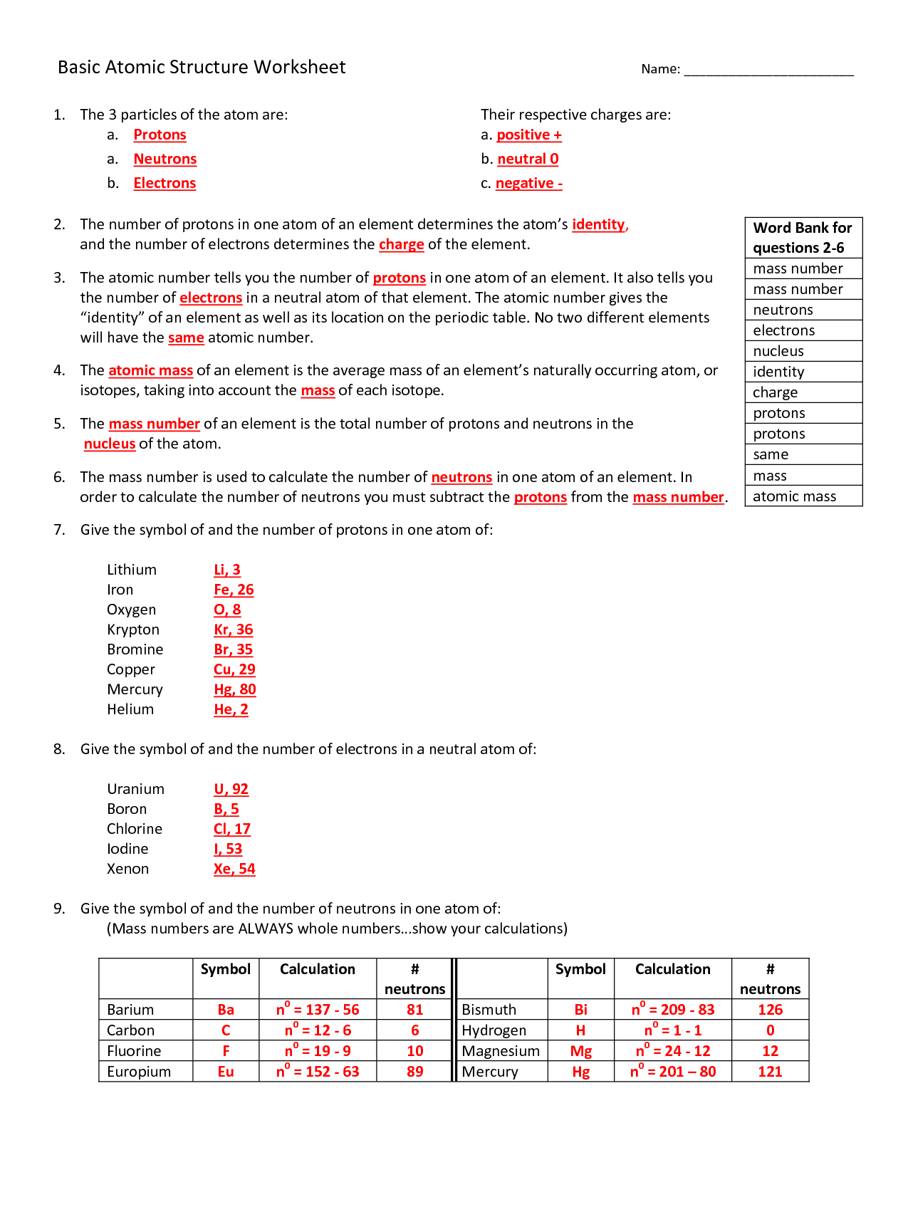 16 Best Images of Atomic Structure Worksheet Answer Chart - Periodic