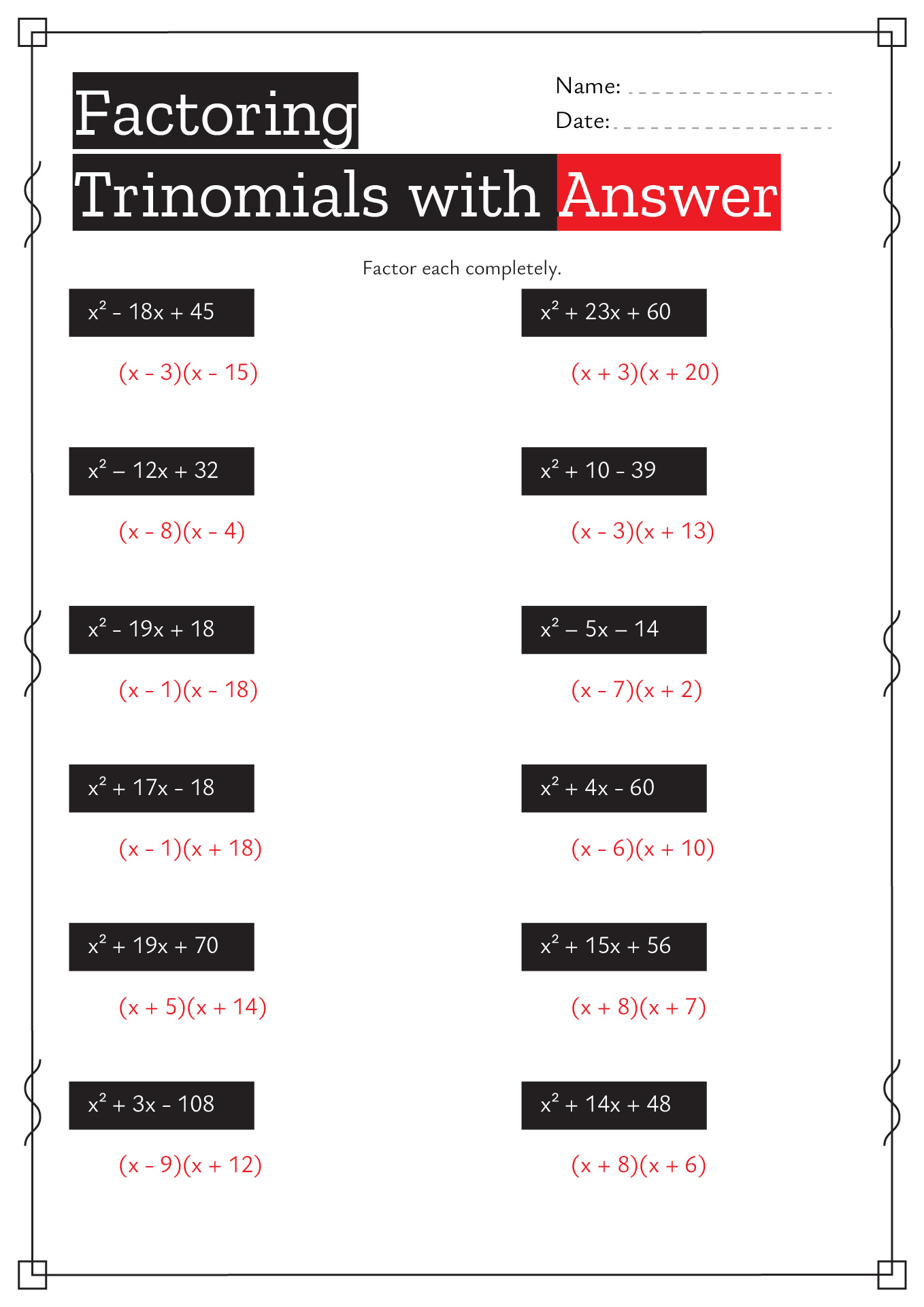 Factoring Quadratic Trinomials Worksheet