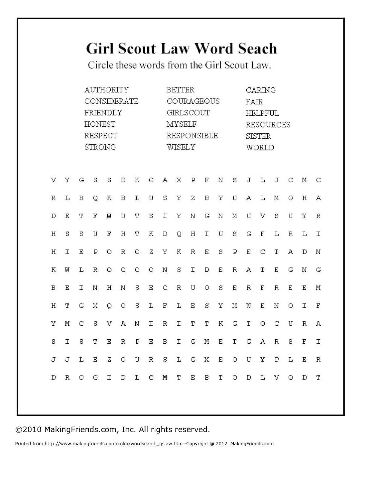 Girl Scout Printable Worksheets