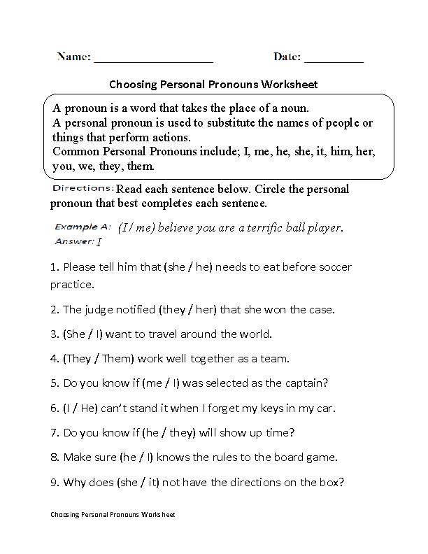Pronoun Worksheet For Class 5