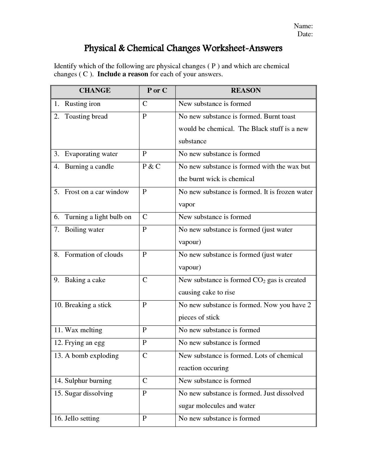Chemical And Physical Changes Worksheet Answer Key