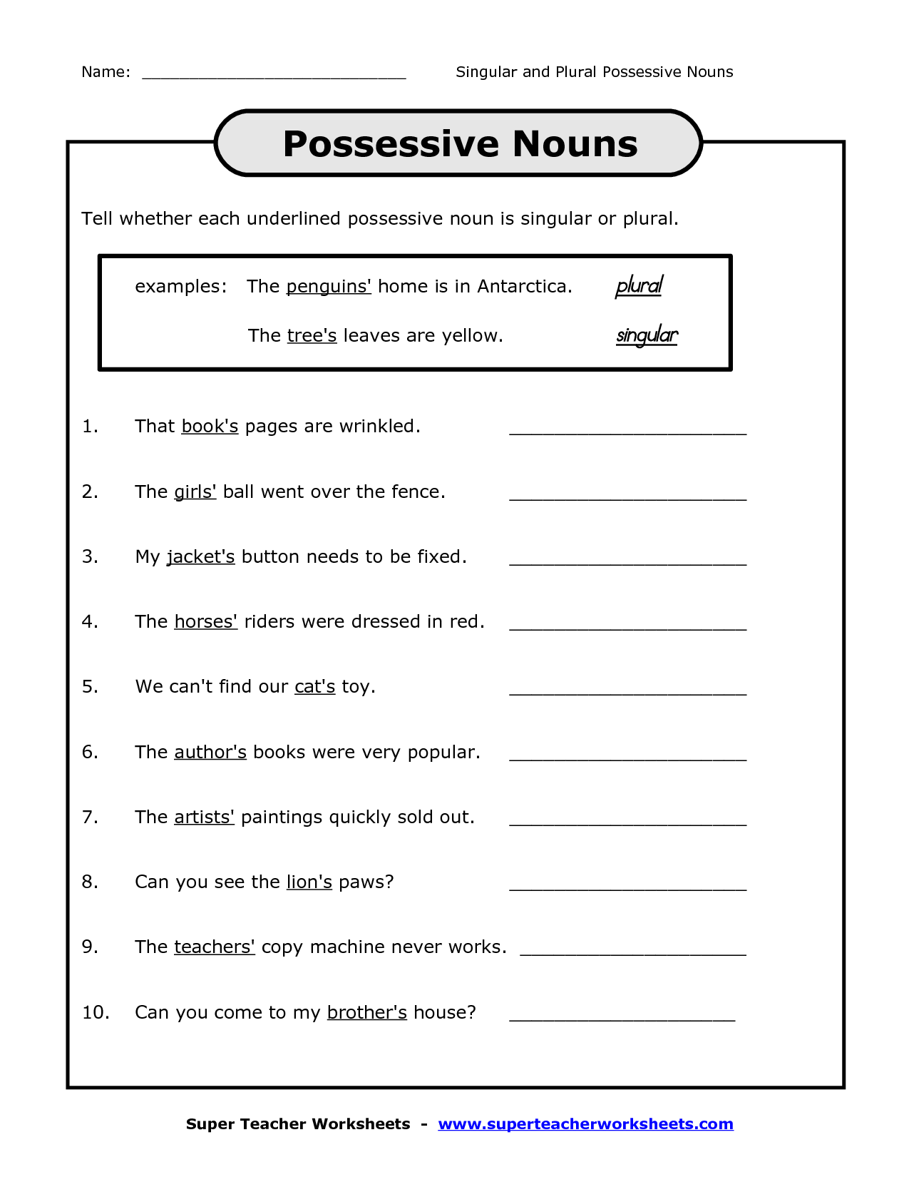 Second Grade Possessive Nouns Worksheets