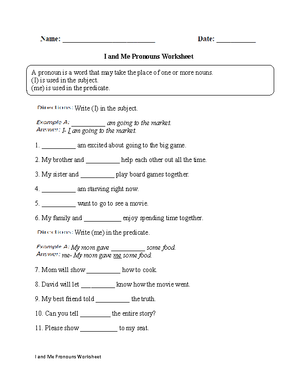 I Me Pronoun Worksheet