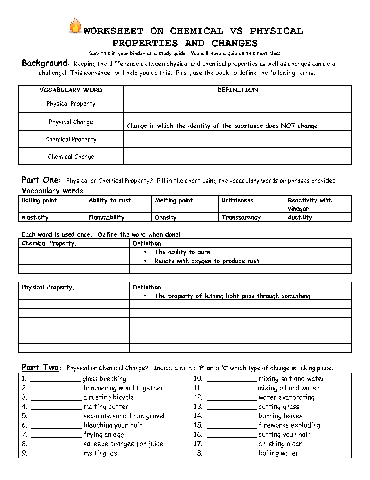 Chemical And Physical Change Worksheet