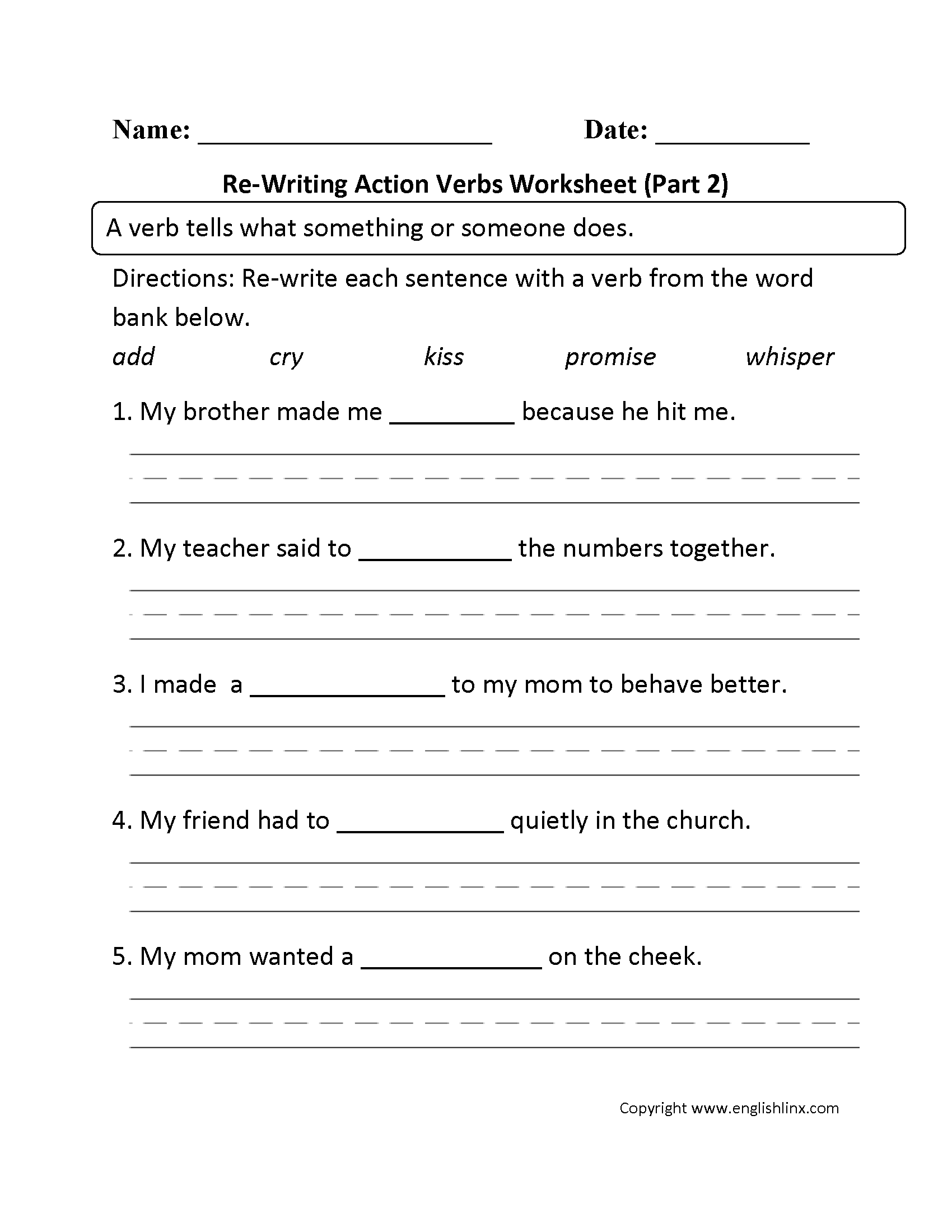 5th Grade Action Verb Worksheets