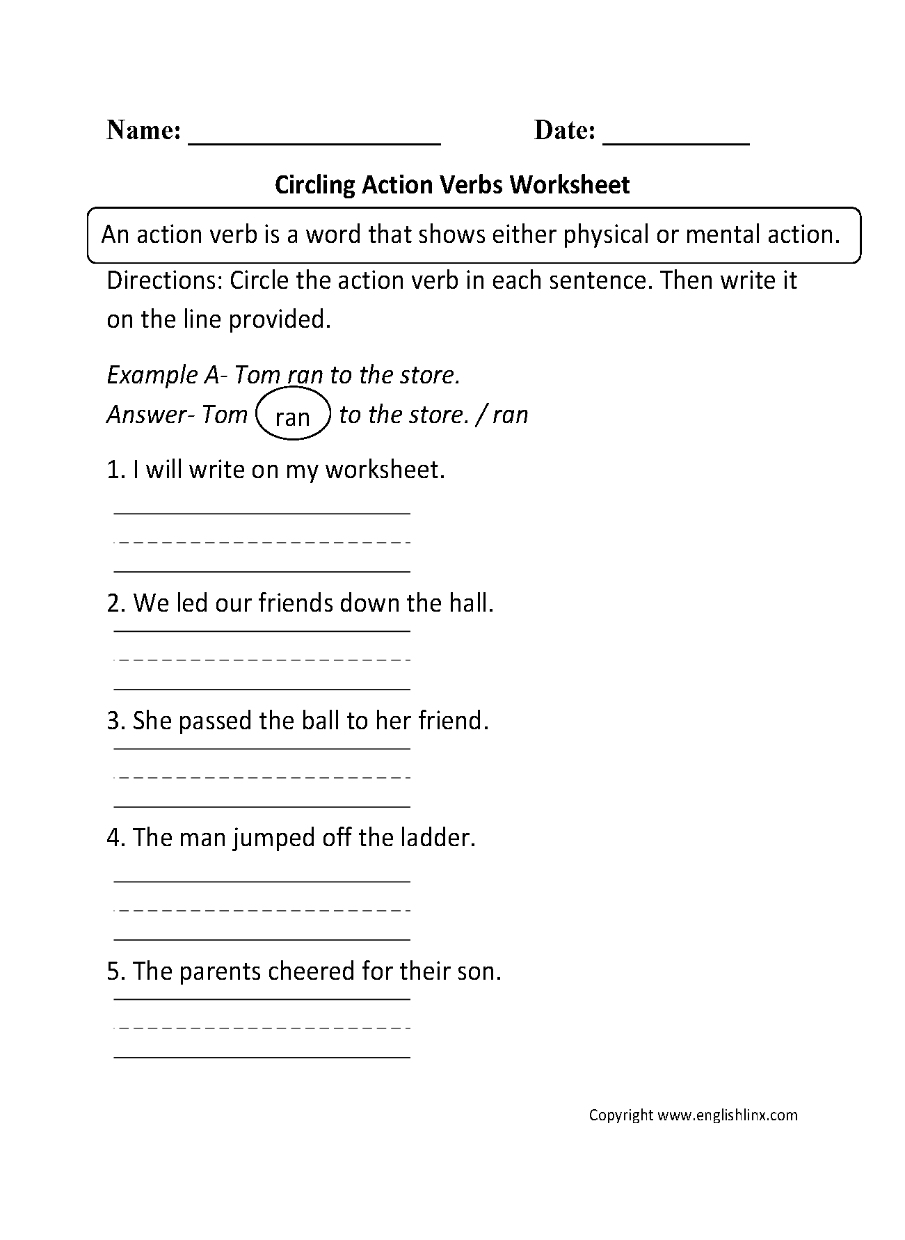 Mental Action Verbs Worksheet