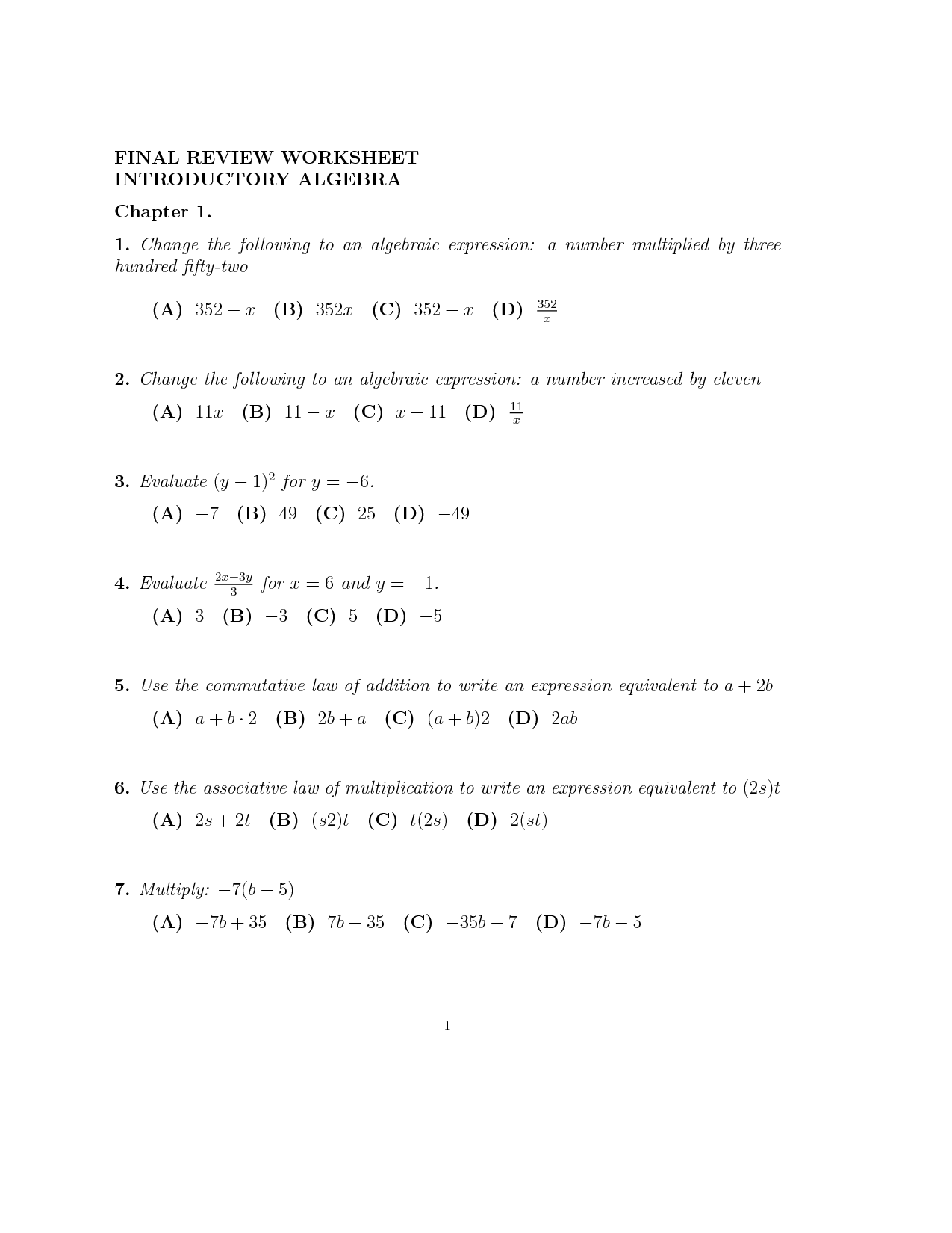 Algebra 1 Review Worksheet