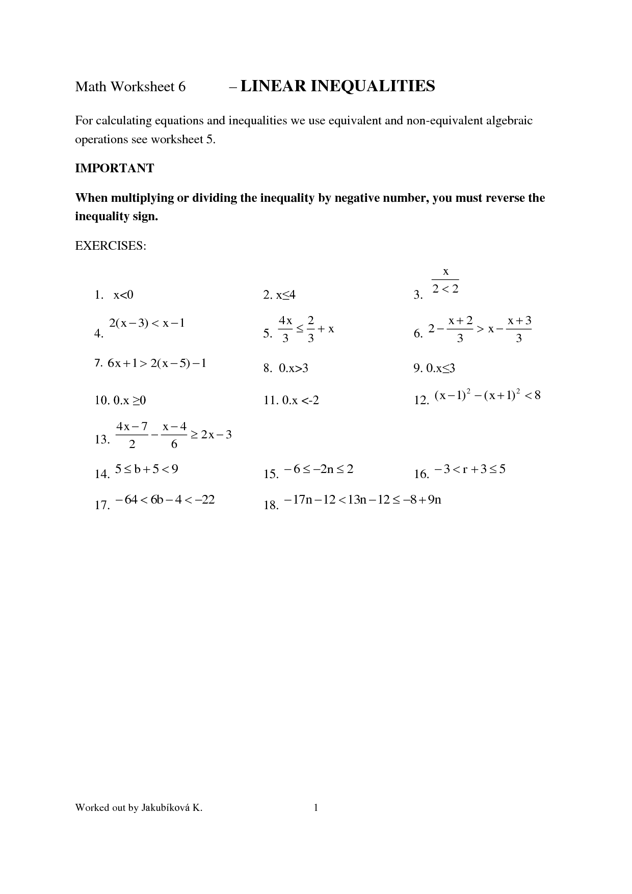 Algebra Inequalities Worksheets