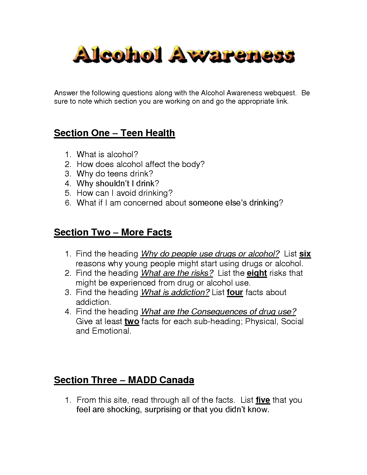 Drug and Alcohol Printable Worksheet