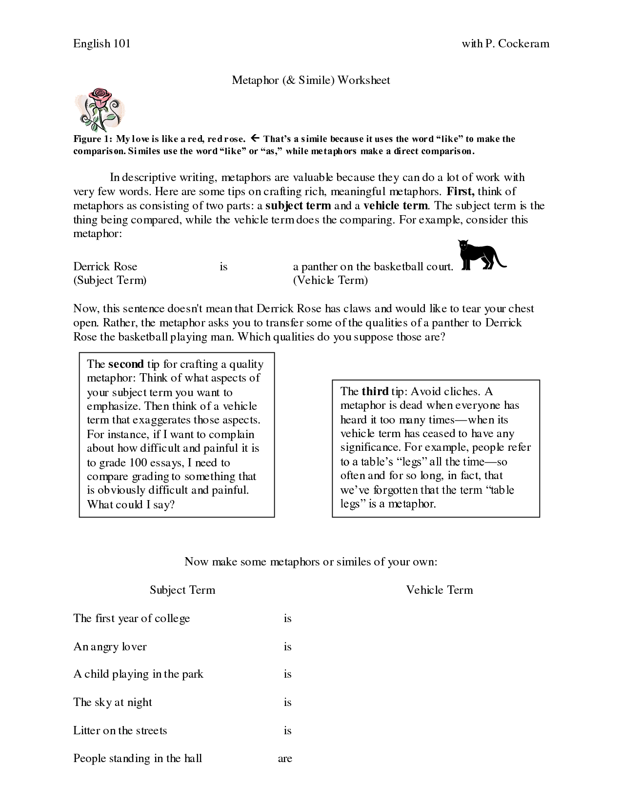 Similes And Metaphors Worksheet