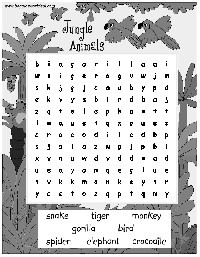 Jungle Animals Word Search Printable