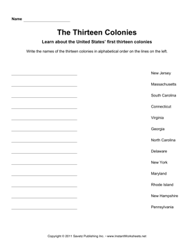 13 Colonies Printable Worksheet