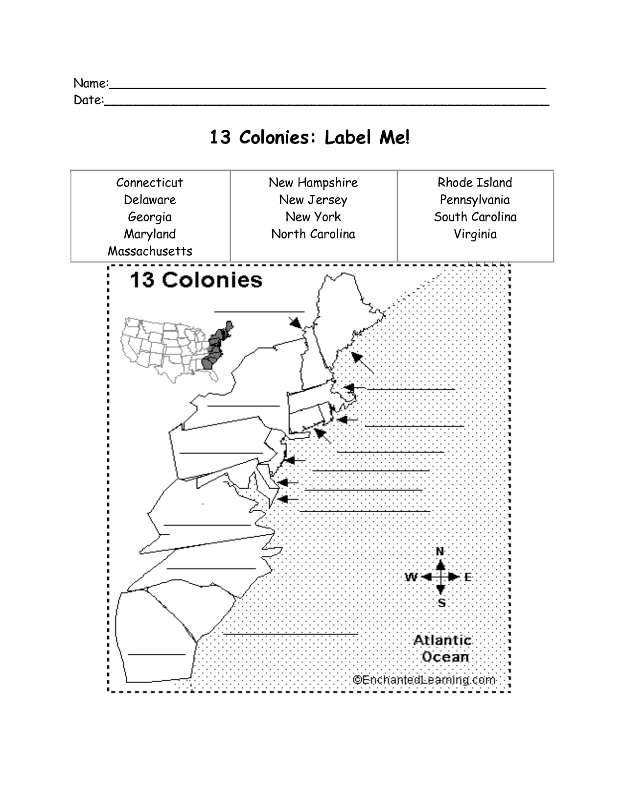 13 Original Colonies Map Worksheet