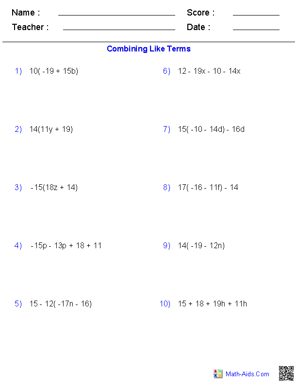 Combining Like Terms Worksheets