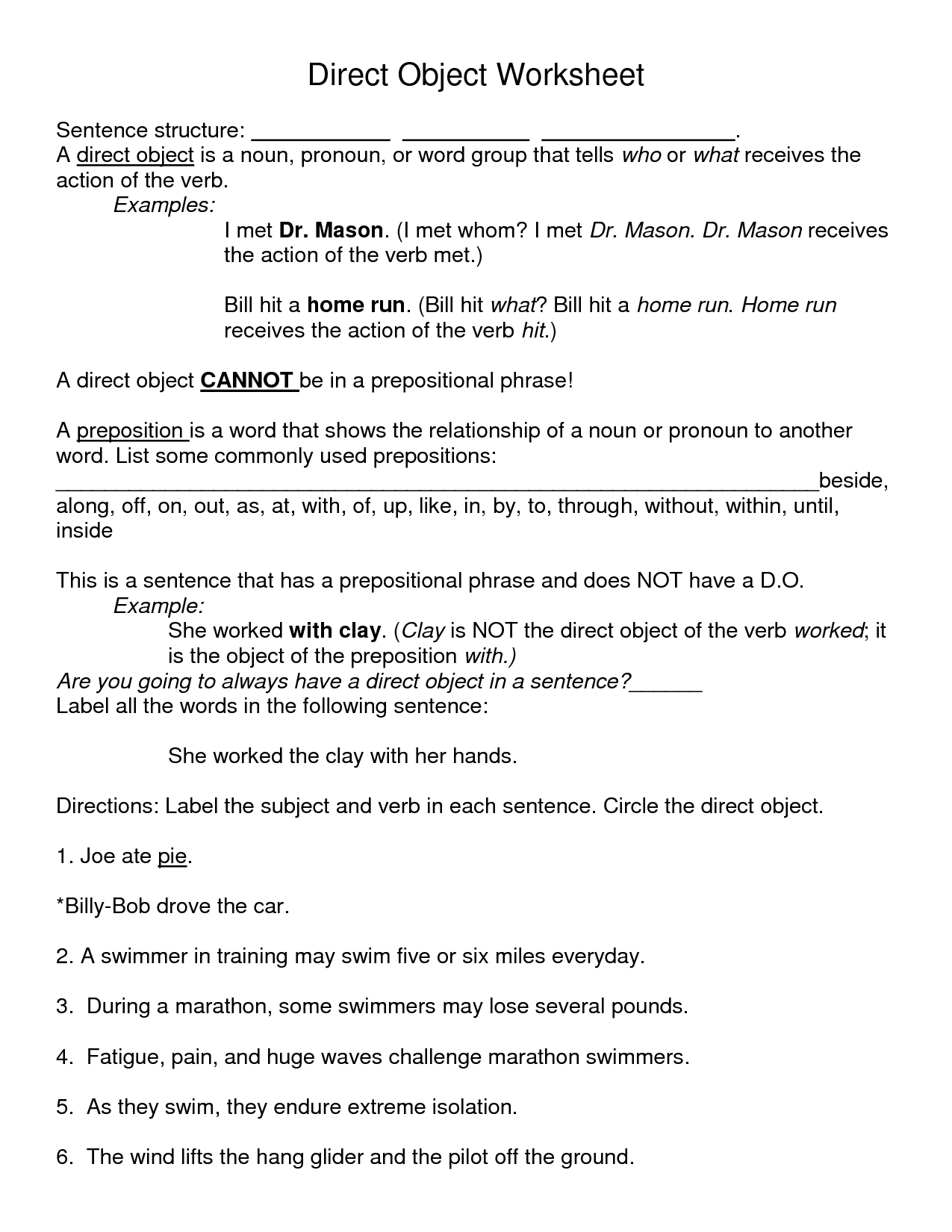Find The Direct Object In The Sentence Worksheet Grade 5