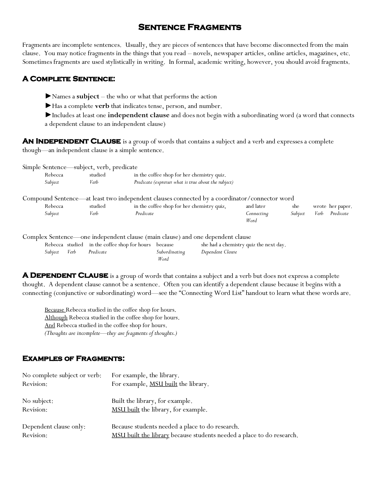 Identifying Sentence Fragments Worksheet Key