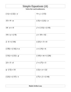 Math One Step Equations Worksheet