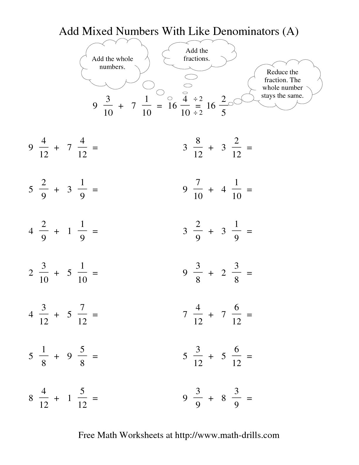 Adding Mixed Fractions with Like Denominators Worksheet