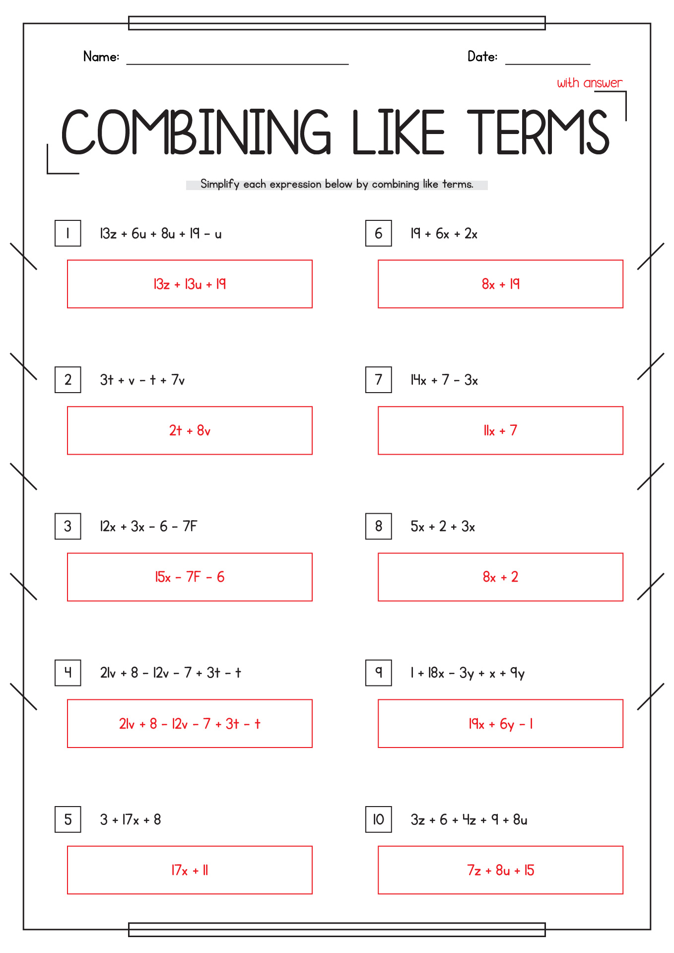 13 Best Images of Combining Like Terms Worksheet Answer Key - Algebra 1