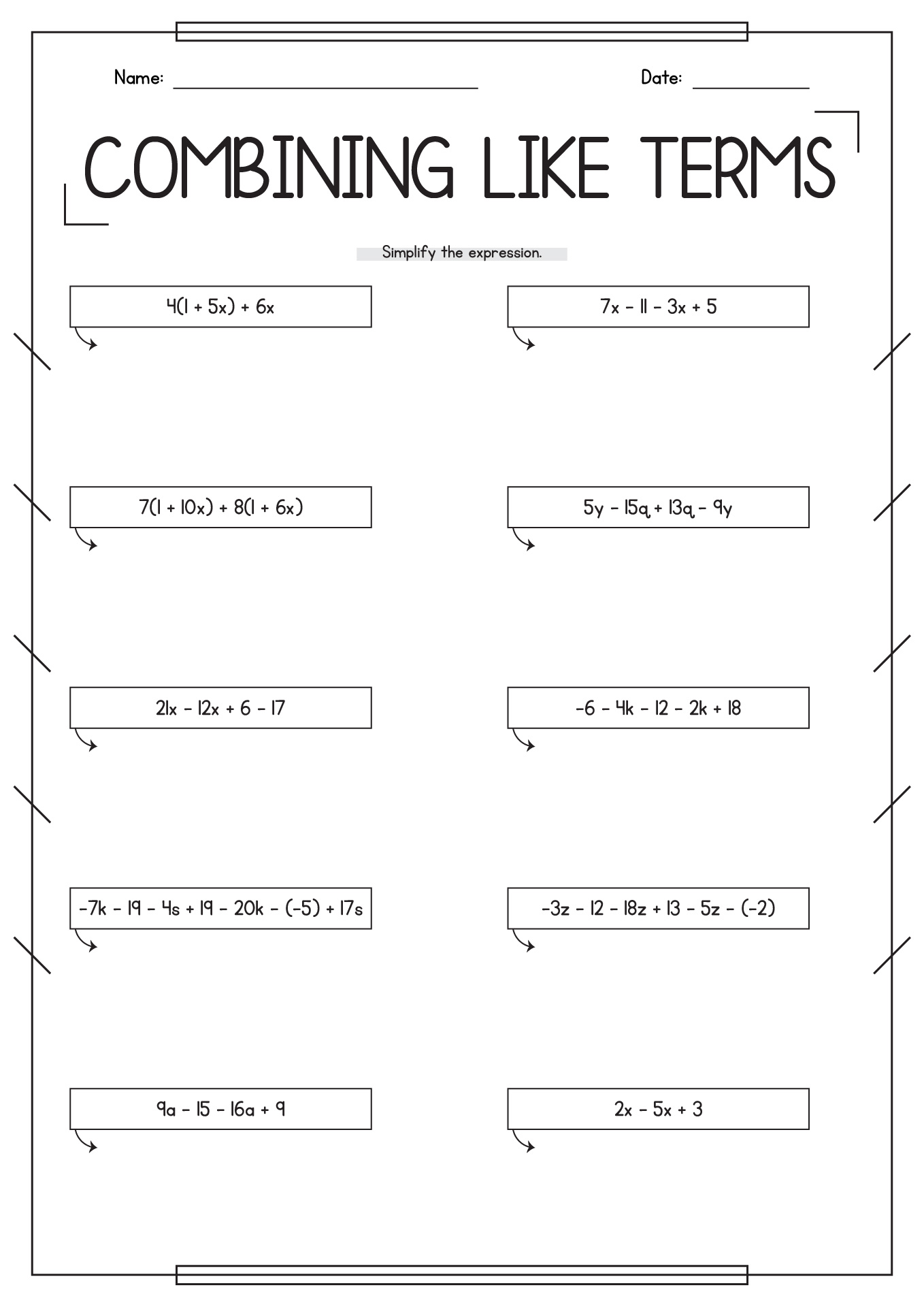 Combine Like Terms Worksheet Answer Key