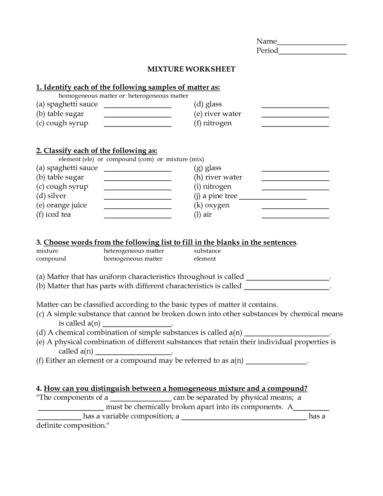 Elements Compounds Mixtures Worksheet Answers