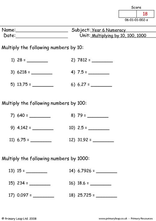 Multiplying By Multiples Of 10 100 And 1000 Worksheets