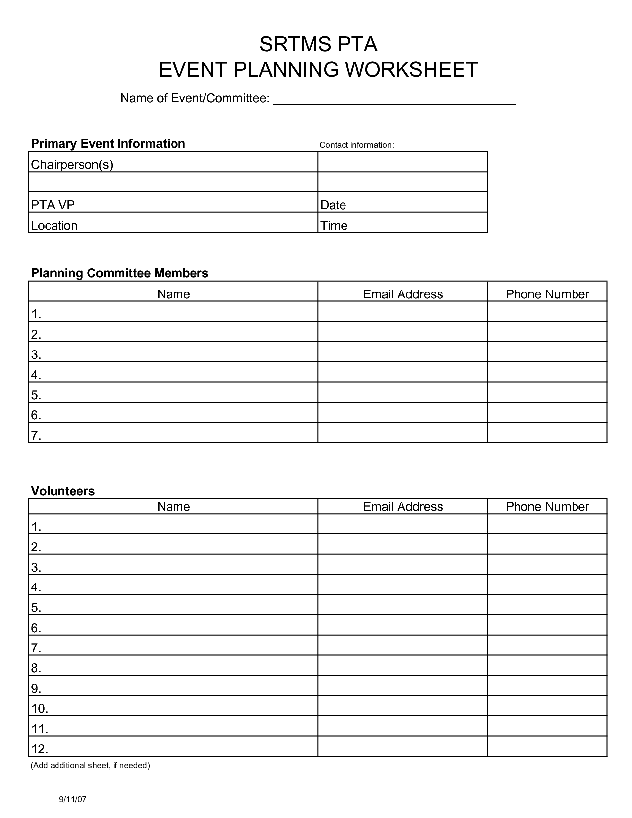 Event Planning Worksheet Free