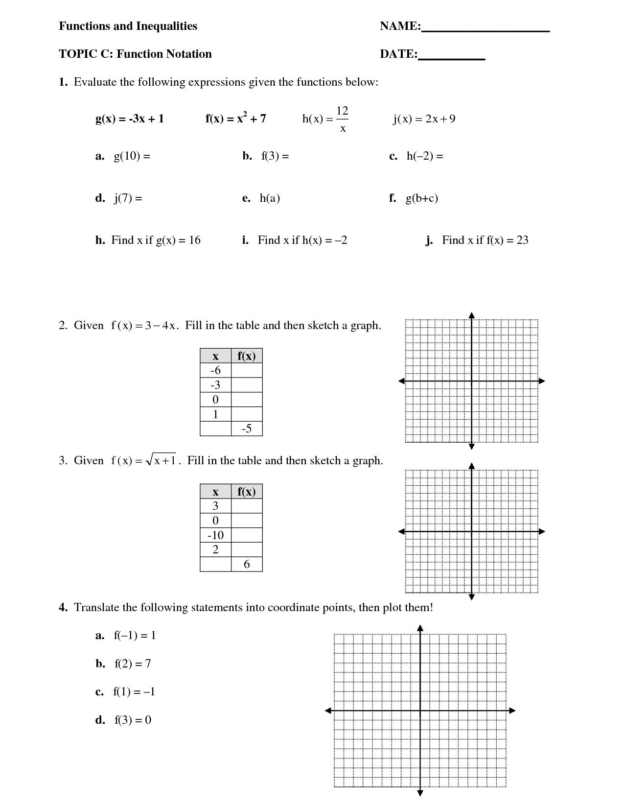 Function Notation And Evaluating Functions Practice Worksheet Answers