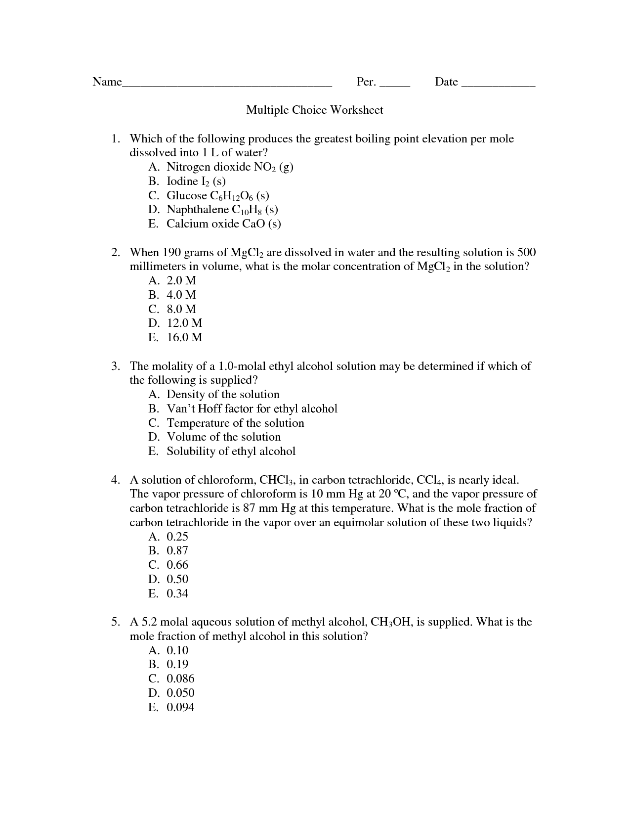 Multiple Choice Worksheets