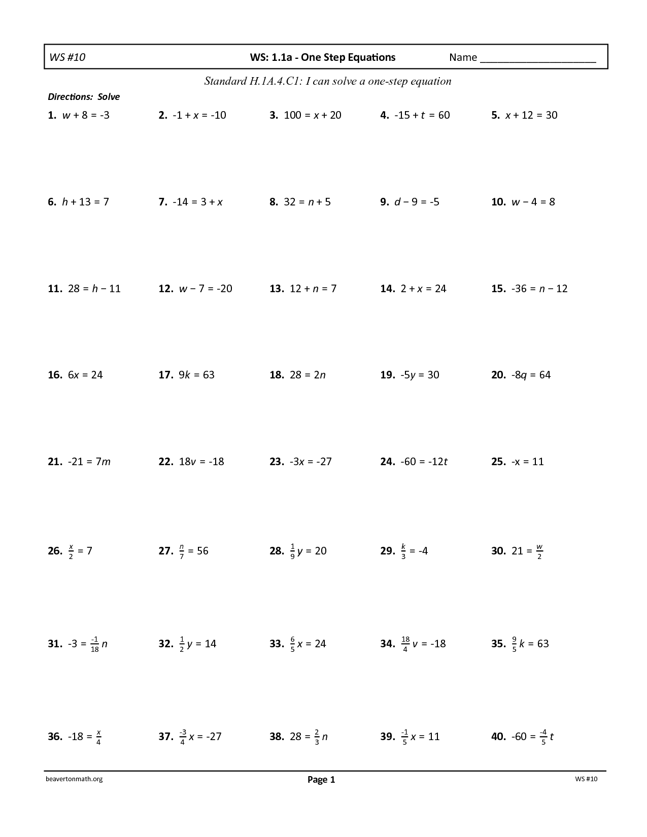 Multi Step Equations Worksheets Grade 9