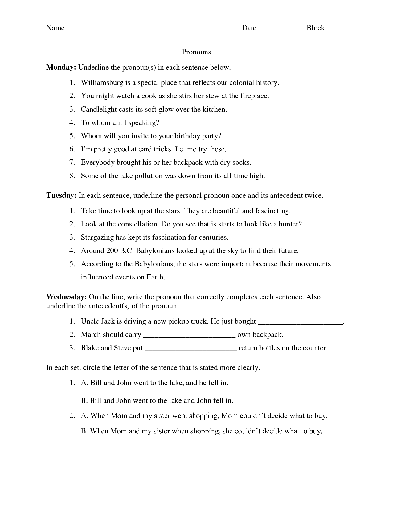 Pronouns And Antecedents Worksheet 8th Grade