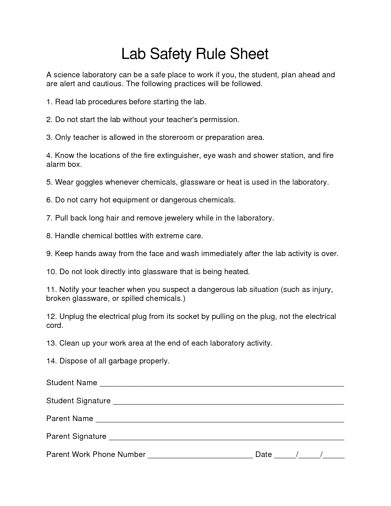 Science Lab Safety Rules Worksheets