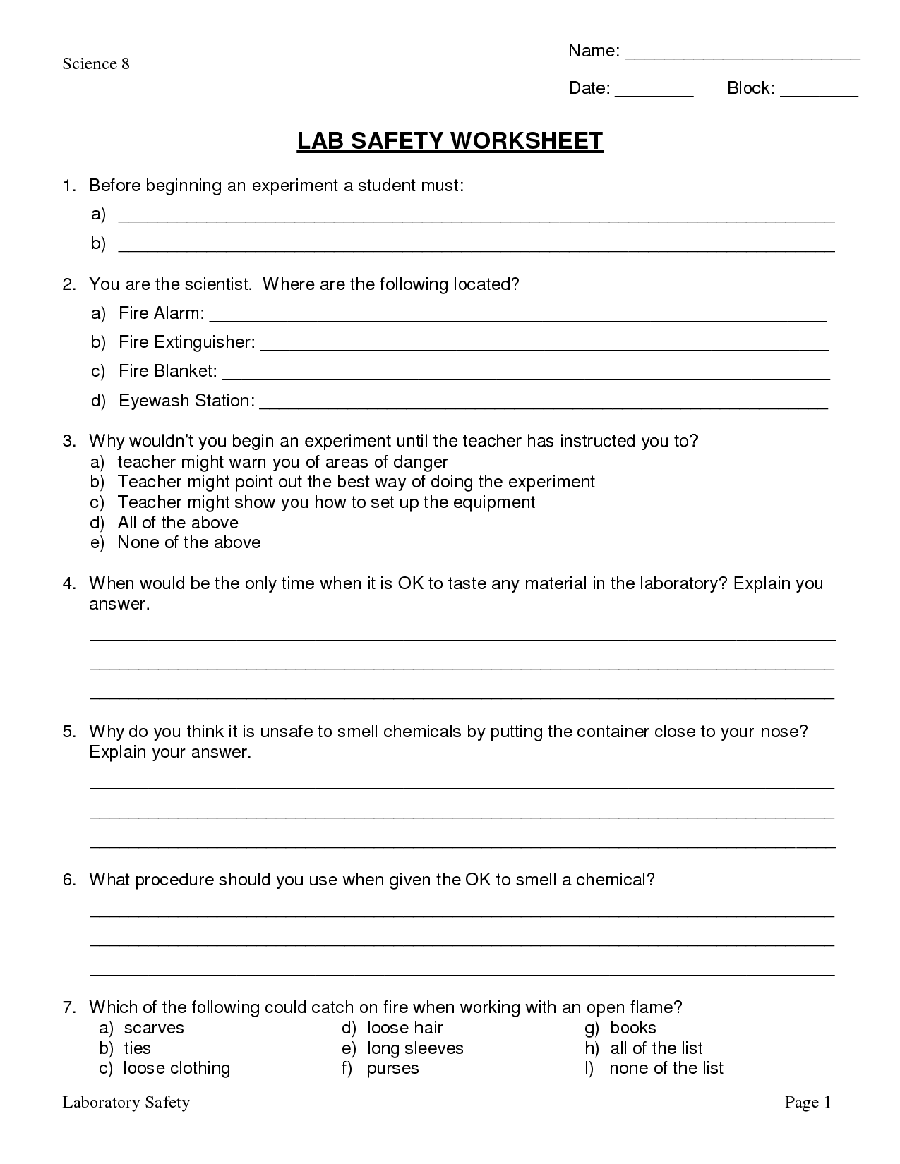 Lab Safety Rules Worksheet Within Science Lab Safety Worksheet