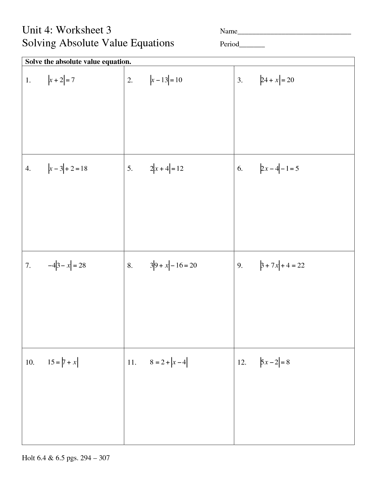 Solving Open Sentences Involving Absolute Value Worksheet