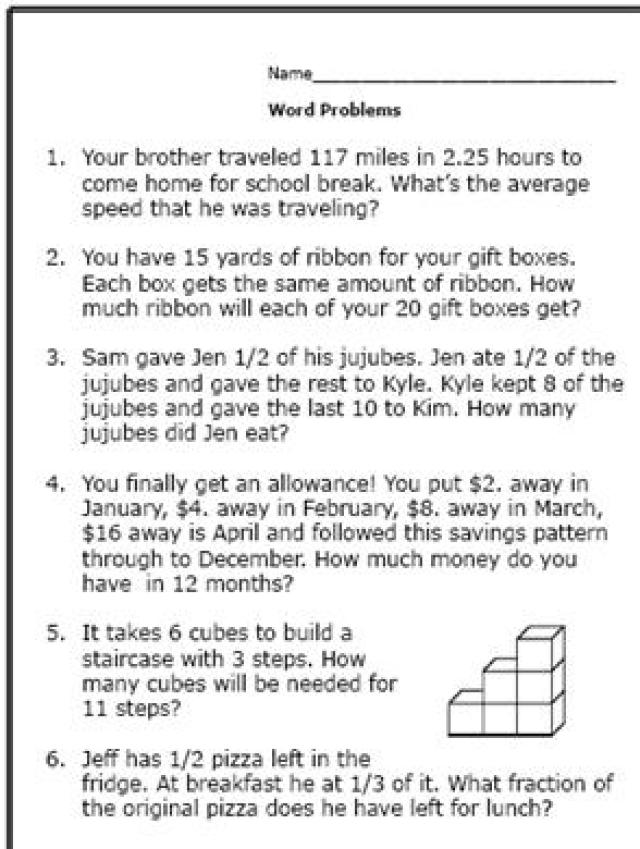 6th Grade Math Word Problems Worksheets