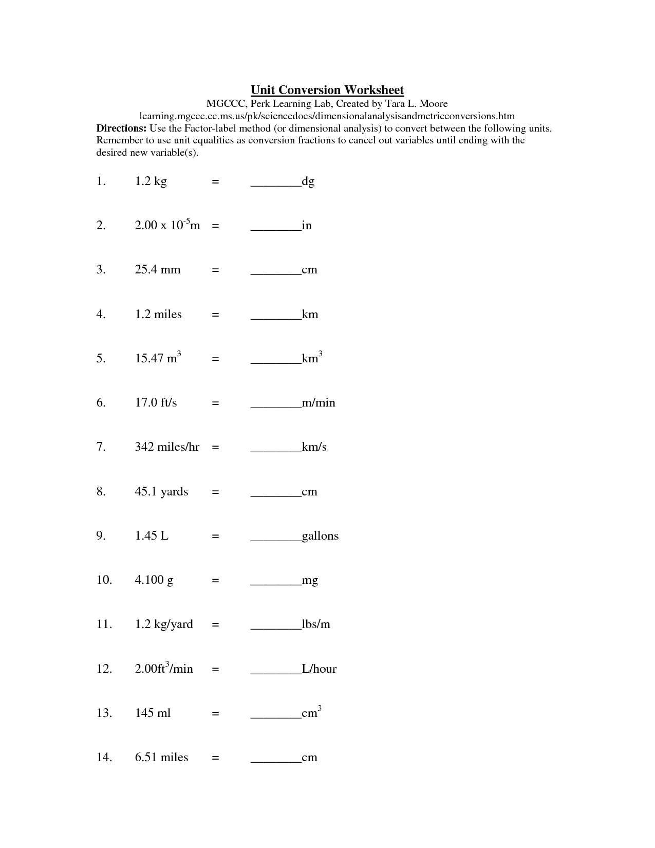 Unit Conversion Worksheet Chemistry