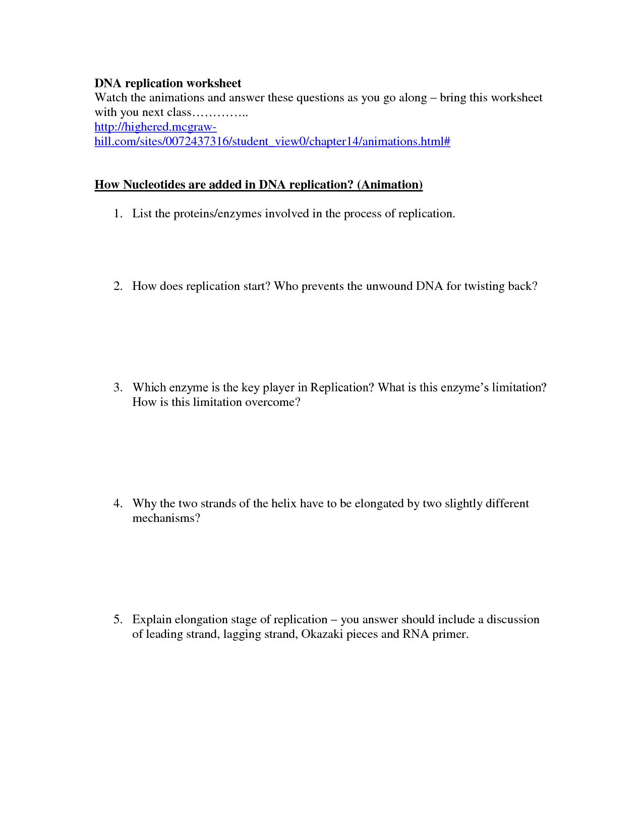 DNA Replication Worksheet Answers