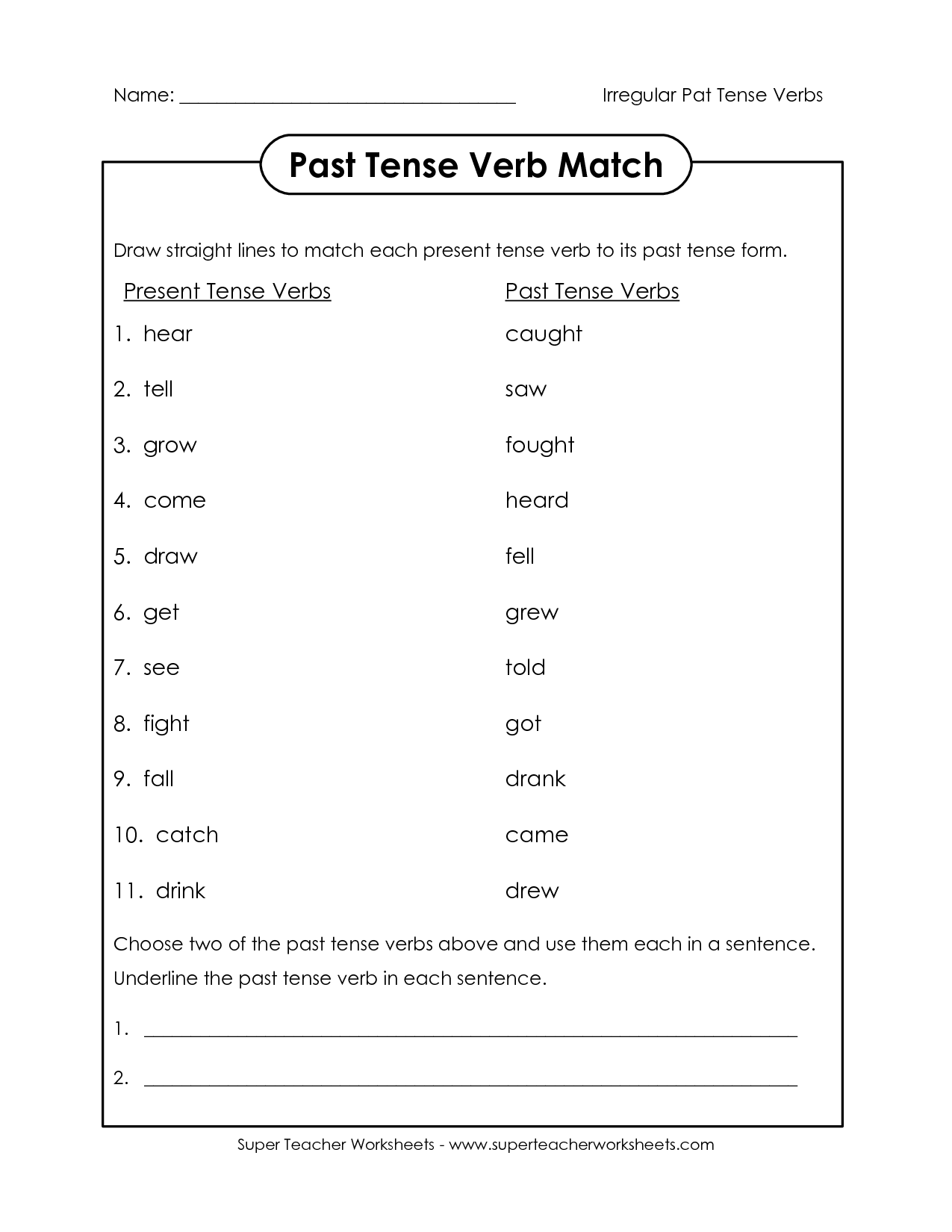 Second Grade Irregular Past Tense Verbs Worksheets